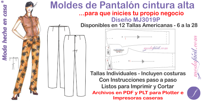 Moldes de Pantalon Cintura Alta Sin Pretina MJ3019P - Modafacil