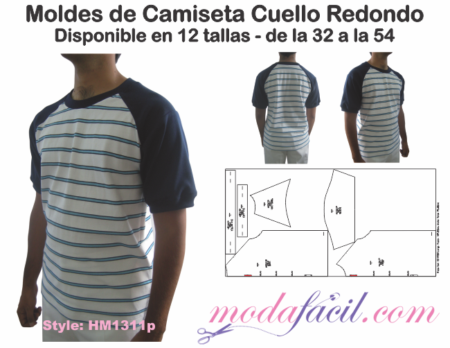 Moldes de Camiseta Cuello Redondo en 12 tallas