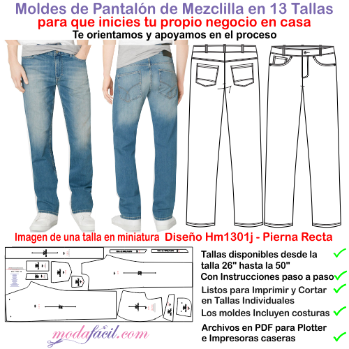 Patrones de Pantalón Jean Clásico cinco bolsillos de pierna corte Recto HM1301J Disponible en 13 tallas