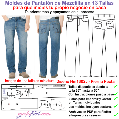 Moldes de Pantalon Jean Tradicional 5 bolsillos en 13 tallas